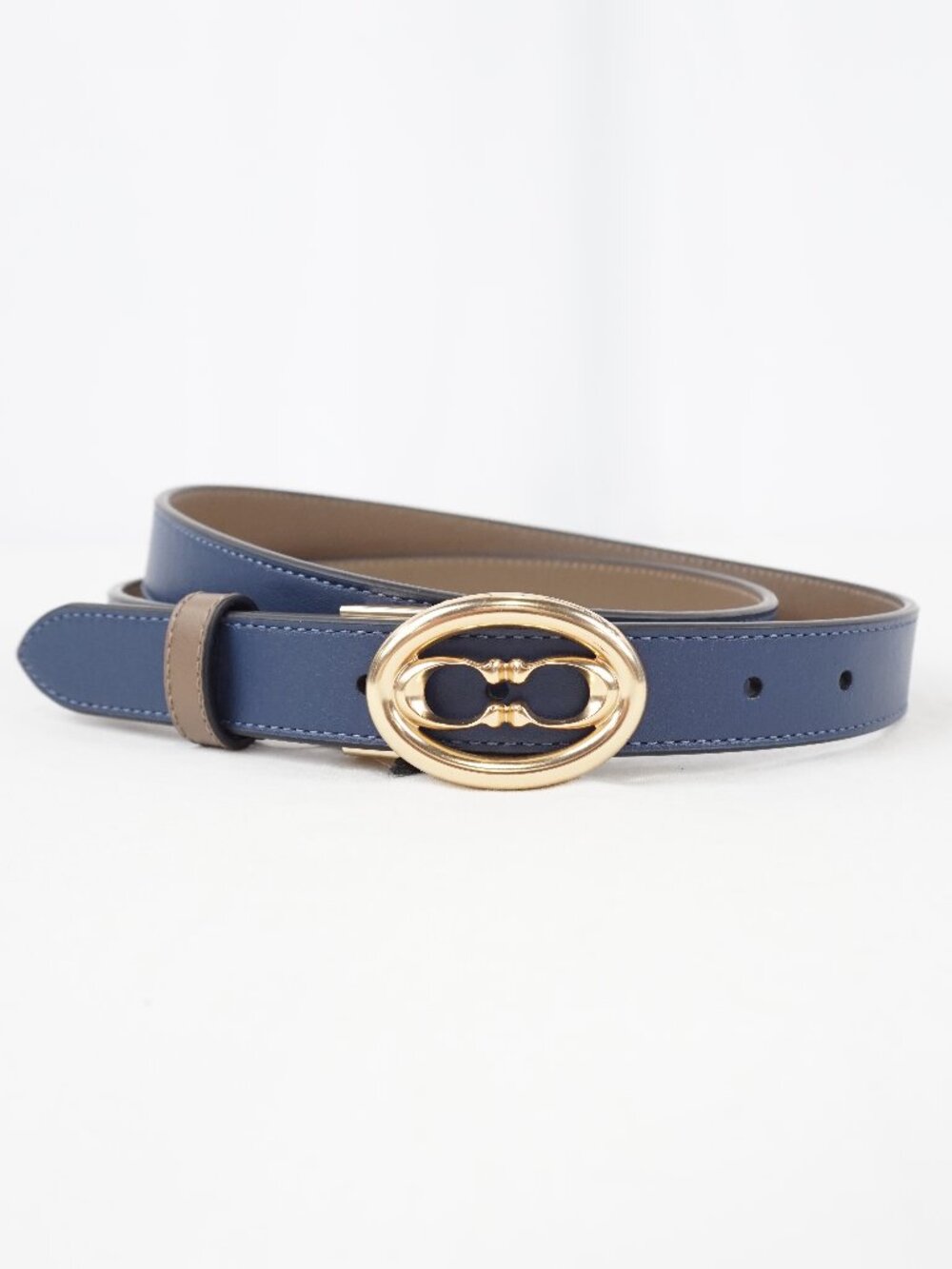 Coach Buckle Cut-To-Size Calf Leather Belt 25mm In Navy Blue/Brown (NWT)
